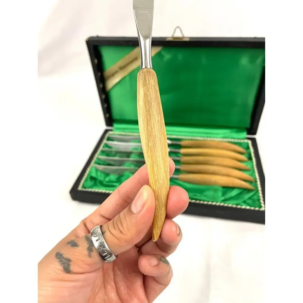 VTG Set of 6 Peaso Solingen‎ Stainless Steel Steak Knives Wooden Handles